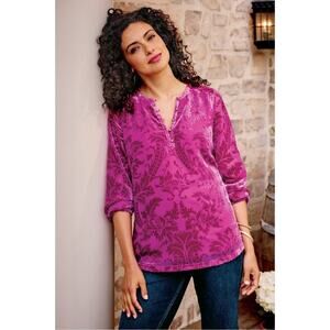NWT Soft Surroundings Sangria Pink Velvet Burnout Long Sleeve Henley Top